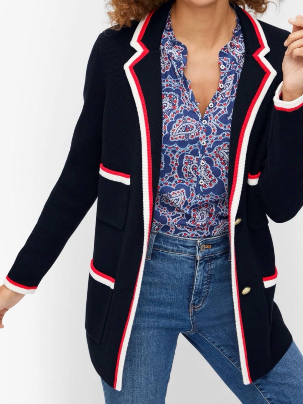 Talbots Navy Knit Blazer with Red & White Trim Size Petite Large